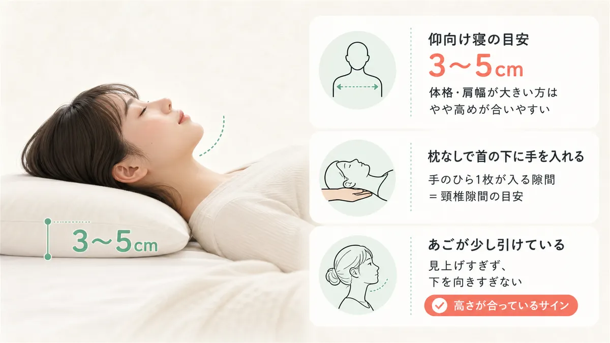 仰向け寝では3〜5cm程度の高さが多くの人に合いやすいとされており、自分に合う高さの見つけ方を紹介します。