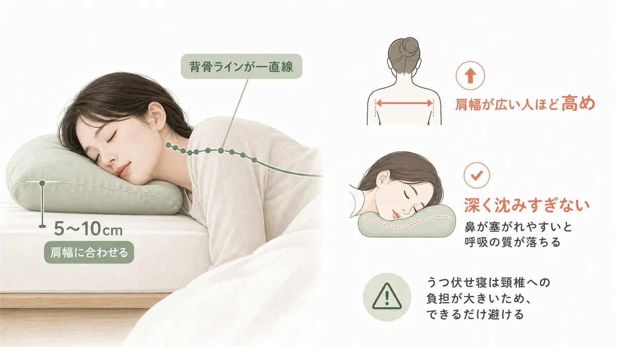 横向き寝では仰向けより高めの枕が必要で、肩幅に応じた5〜10cm程度が目安です。