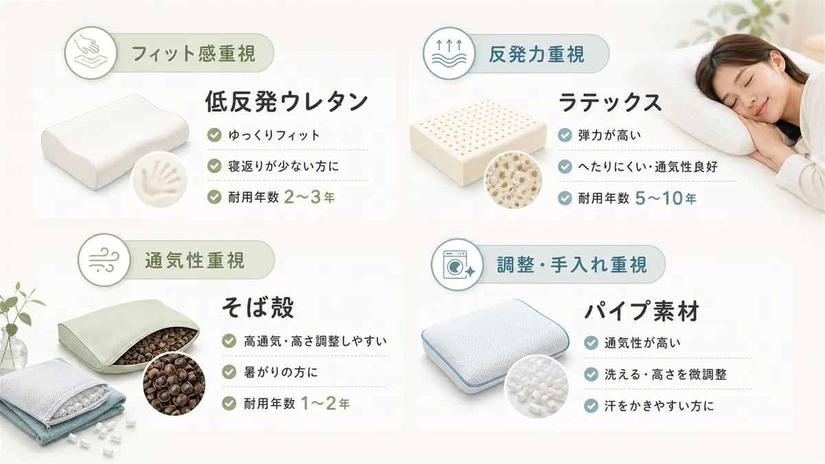 枕の素材は寝心地・通気性・耐久性・手入れのしやすさなどで大きく異なります。