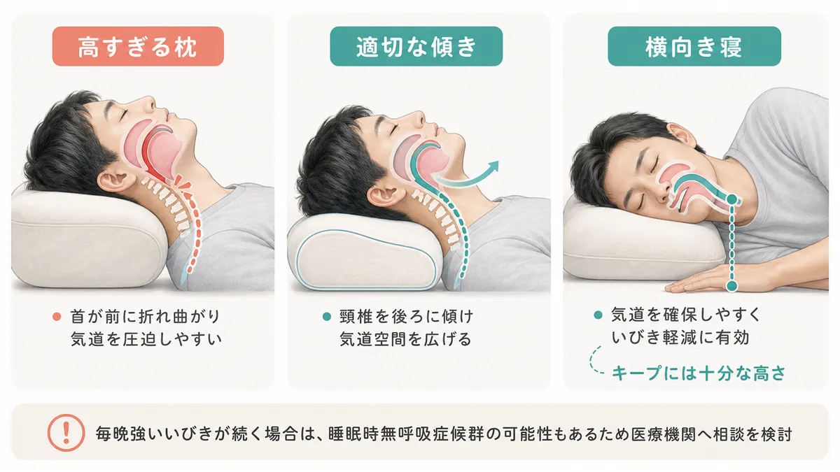 枕の高さや形状は気道の広さに影響し、いびきの改善に役立てられます。