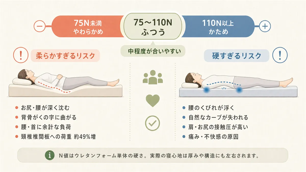 中程度の硬さが多くの人に合いやすく、柔らかすぎ・硬すぎにはそれぞれリスクがあります。
