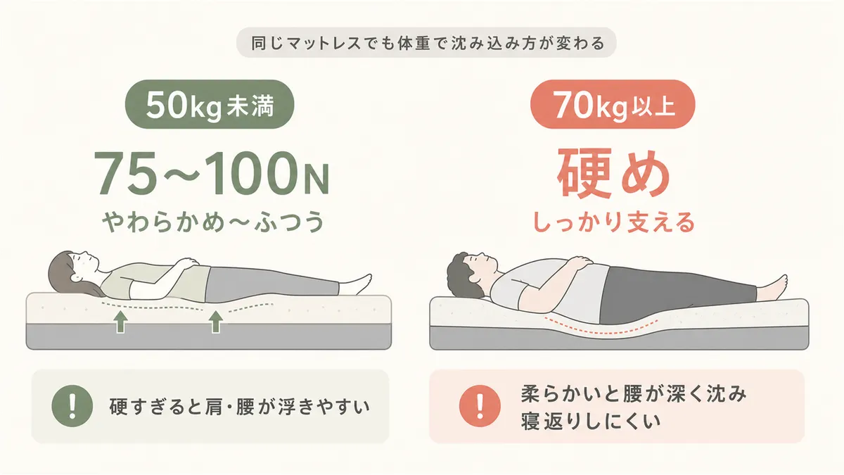 同じマットレスでも体重によって沈み込み方が変わるため、体重帯ごとの目安を知っておくことが大切です。