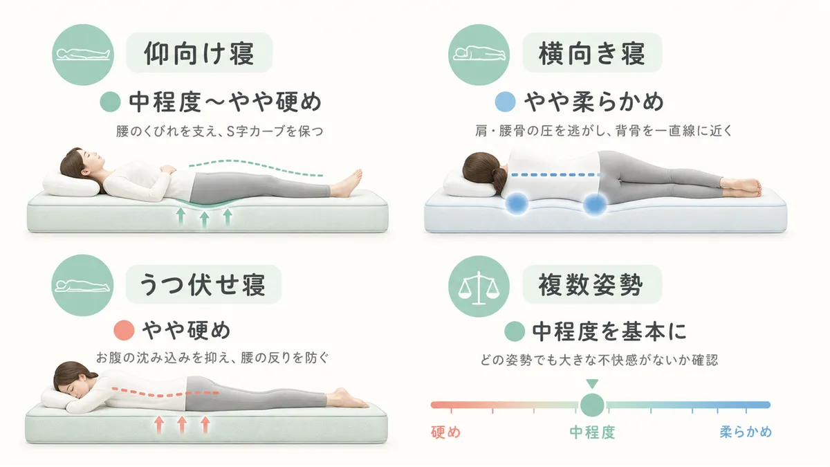 寝姿勢によって体圧のかかり方が異なるため、姿勢ごとに適した硬さが変わります。