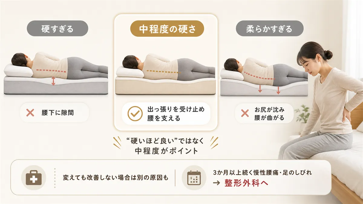 「腰痛には硬いマットレス」は正しくなく、中程度の硬さが最も重要なポイントです。