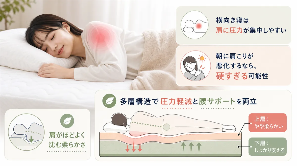 横向き寝の方は肩への圧力集中が起きやすく、マットレス選びで改善できるケースがあります。