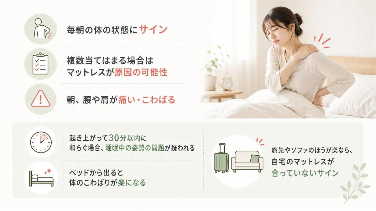 毎朝の体の状態にサインが表れ、複数当てはまる場合はマットレスが原因の可能性があります。