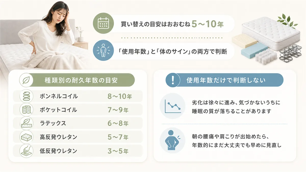 おおむね5〜10年が買い替えの目安ですが、使用年数と体のサインの両方で判断することが大切です。