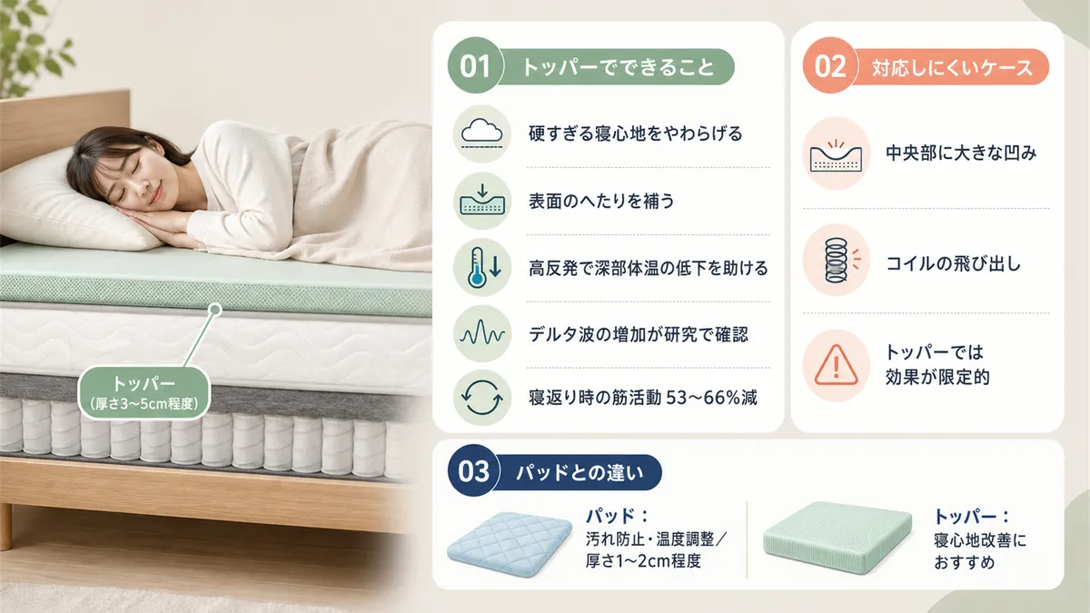 マットレストッパーを重ねる方法は、硬すぎる場合や表面のへたりへの改善策として活用できます。