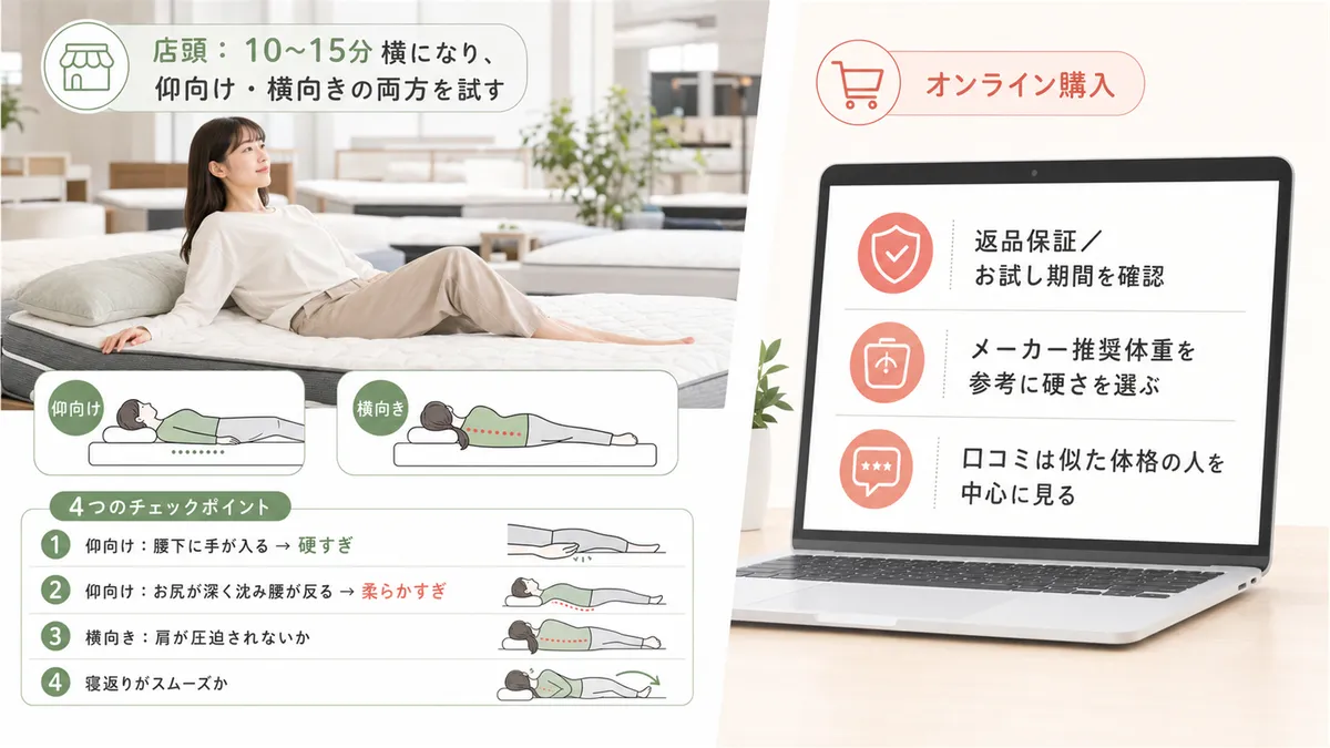 店頭では10〜15分横になって仰向けと横向きの両方を試すことをおすすめします。