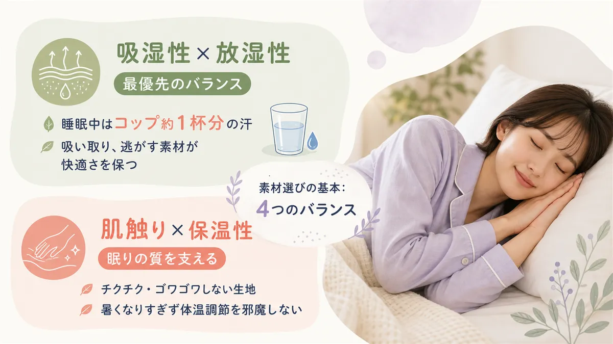 素材選びの基本は「吸湿性」「放湿性」「肌触り」「保温性」の4つのバランスです。