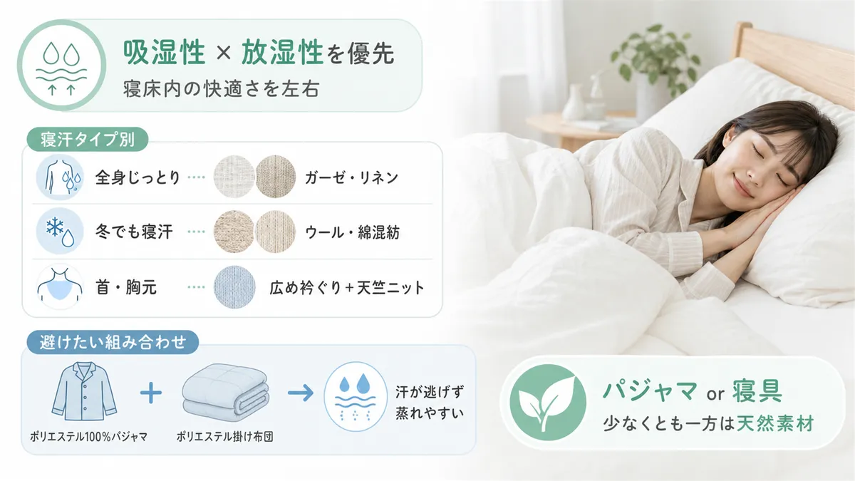 吸湿性と放湿性を両立した素材を優先して選ぶことが、寝床内の快適さを大きく左右します。
