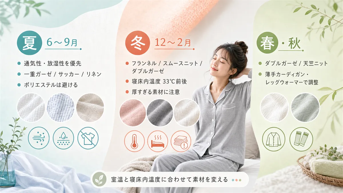 室温や寝床内温度が変わるため、季節に応じて素材を変えることで快適な睡眠が維持できます。