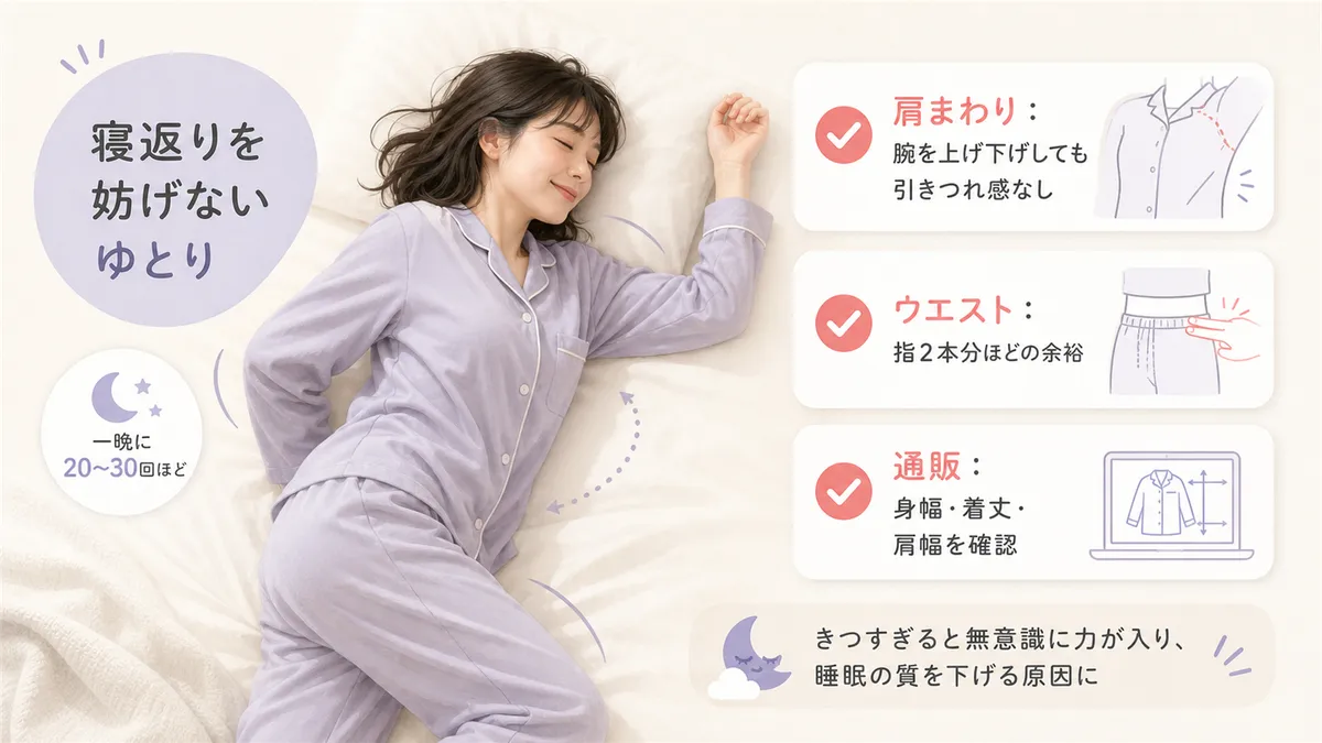 寝返りを打ったときに生地が引きつれない程度の余裕があると体の動きを妨げずに快適に眠れます。
