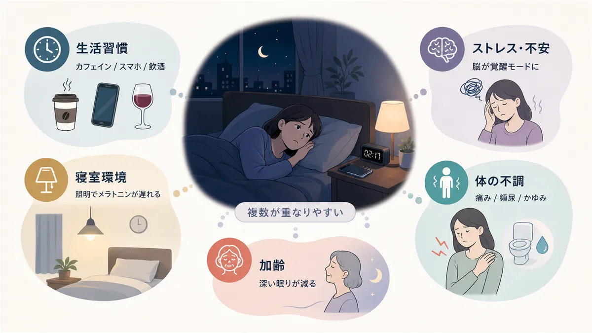眠れない原因は生活習慣・心理的要因・環境・体の状態・加齢の5つに大別でき、多くの場合複数が重なっています。