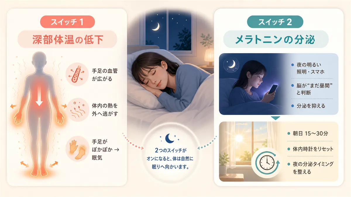 人の体は「深部体温の低下」と「メラトニンの分泌」という2つのスイッチが入ることで自然に眠りに向かいます。