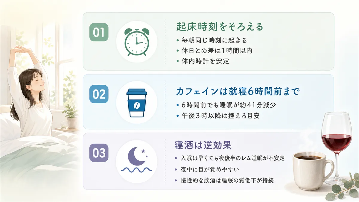 起床時刻の固定・カフェインの制限・アルコールの見直しの3つが優先度の高い改善ポイントです。