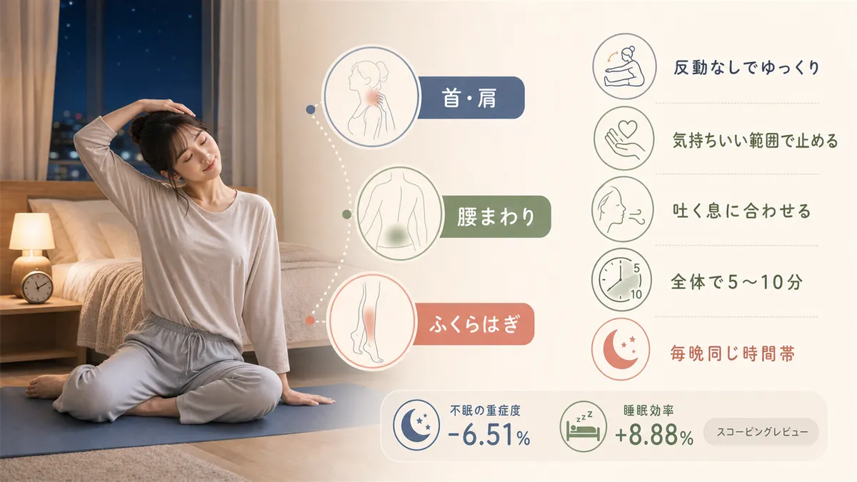 寝る前には反動をつけずにゆっくり伸ばす「静的ストレッチ」が適しており、勢いよく動かすストレッチは逆効果になることがあります。