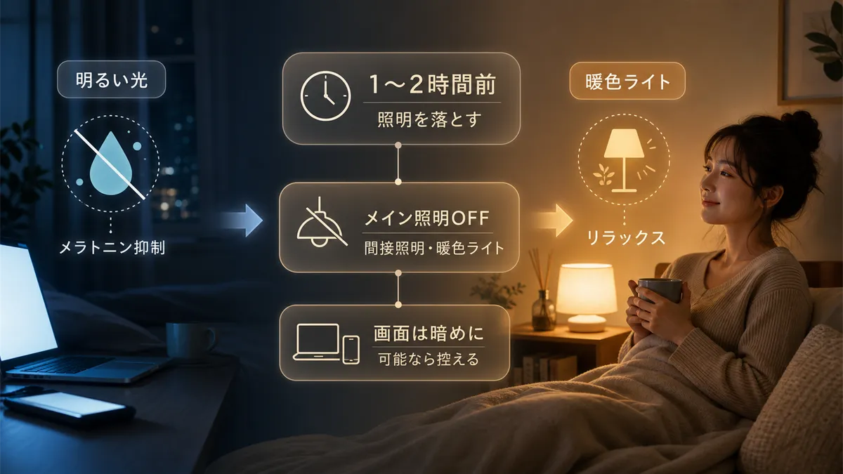 夜に明るい光を浴び続けるとメラトニンの分泌が抑えられ体が「まだ昼間だ」と勘違いしてしまいます。