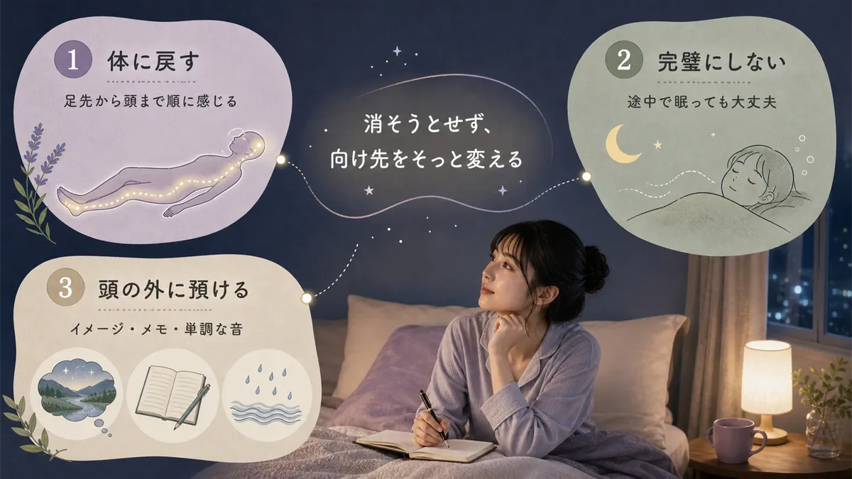 考え事を無理に消そうとするのではなく意識の向け先をそっと変える方法が効果的です。