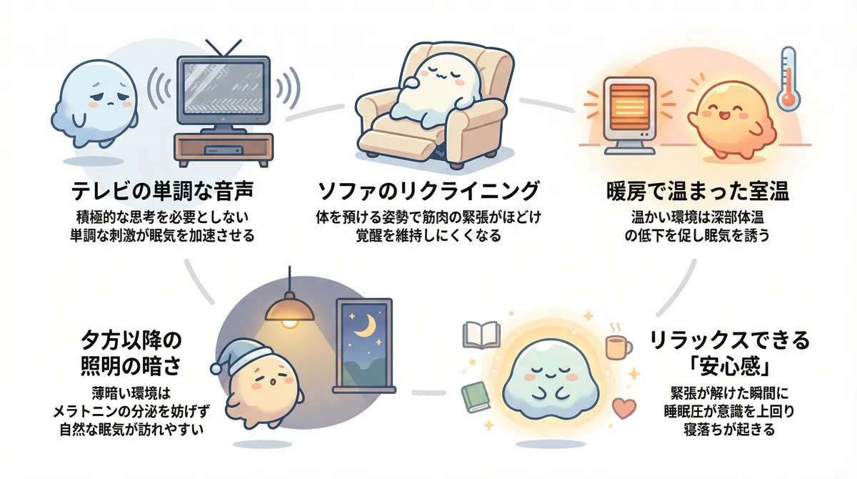 テレビの単調な音声、ソファのリクライニング、暖房の室温、照明の暗さ、リラックスできる安心感の5つの環境要因を紹介します。