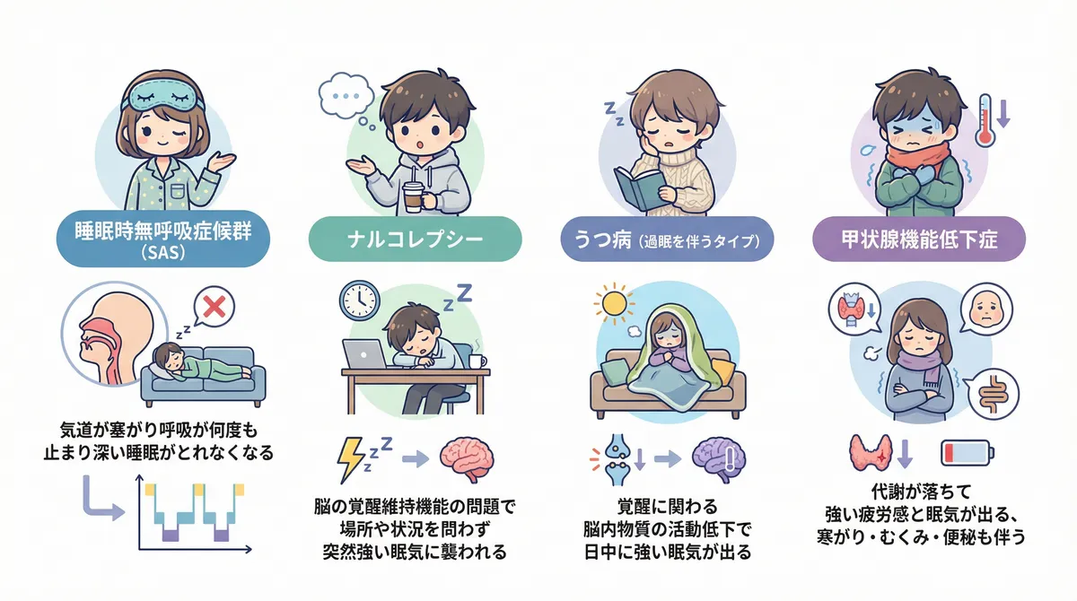 睡眠時無呼吸症候群、ナルコレプシー、うつ病（過眠タイプ）、甲状腺機能低下症の4つの疾患を解説します。