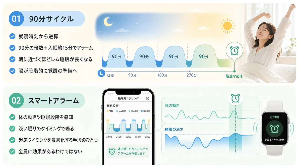 90分の睡眠サイクルの活用法やスマートアラームの選択肢など、起きるタイミングの工夫で目覚めが変わることを解説します。