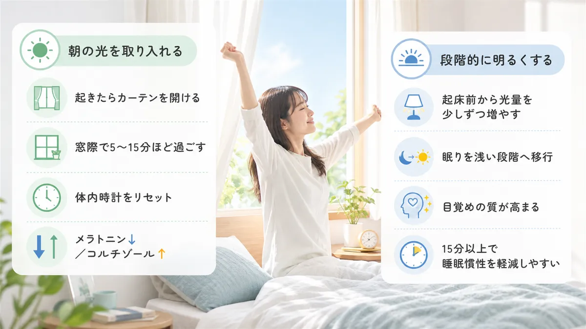 朝の光を取り入れる具体策や段階的に明るくする工夫を紹介し、光が覚醒を促す仕組みを伝えます。