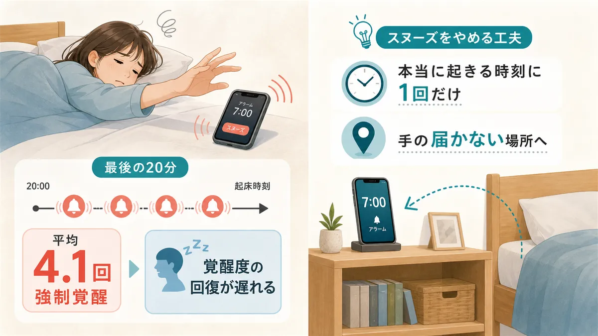 スヌーズが目覚めを悪化させる仕組みと、スヌーズをやめるための具体的な工夫を提案します。