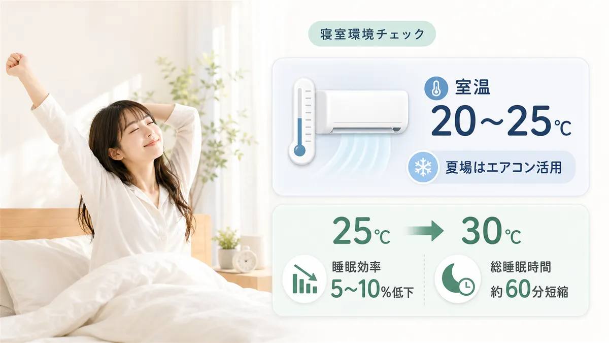 寝室環境のチェックポイントを挙げ、簡単に取り組める環境改善で目覚めが改善することを示します。