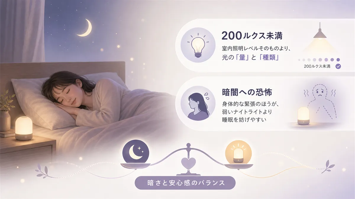 完全な暗闘でなくても睡眠の質を保てる可能性を示し、暗さと睡眠の質のバランスを考えます。