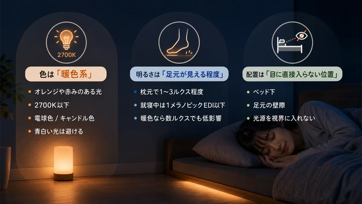 暖色系の色選び、足元が見える程度の明るさ、目に直接入らない配置など、具体的な選び方を解説します。