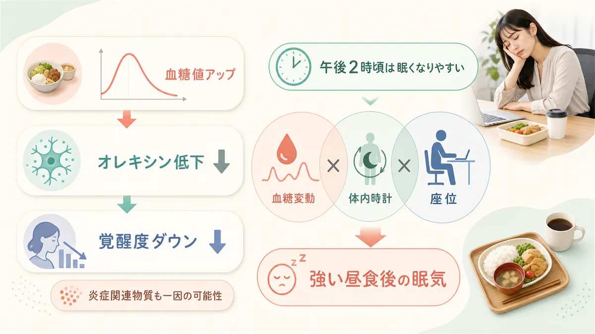 血糖値の急上昇が覚醒ホルモンを抑える仕組みや、午後の眠気は食事だけが原因ではないことを解説します。