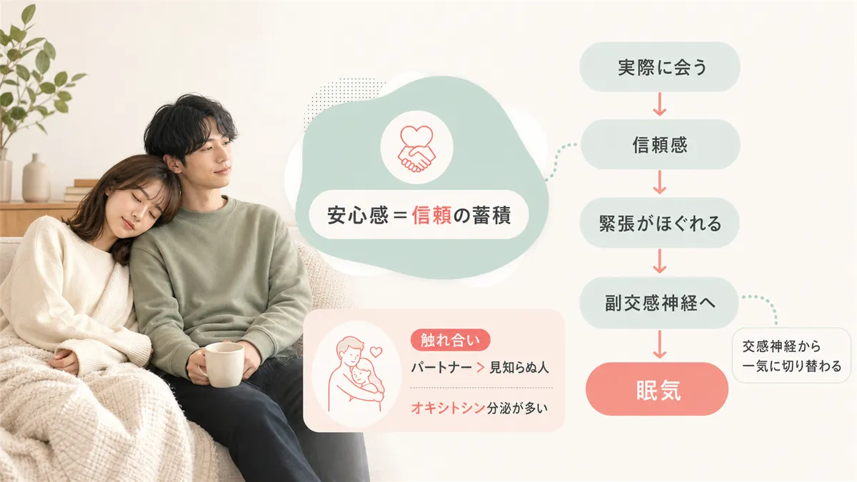 安心感の正体は「信頼の蓄積」であり、恋愛感情だけでは説明できない眠りのメカニズムを探ります。