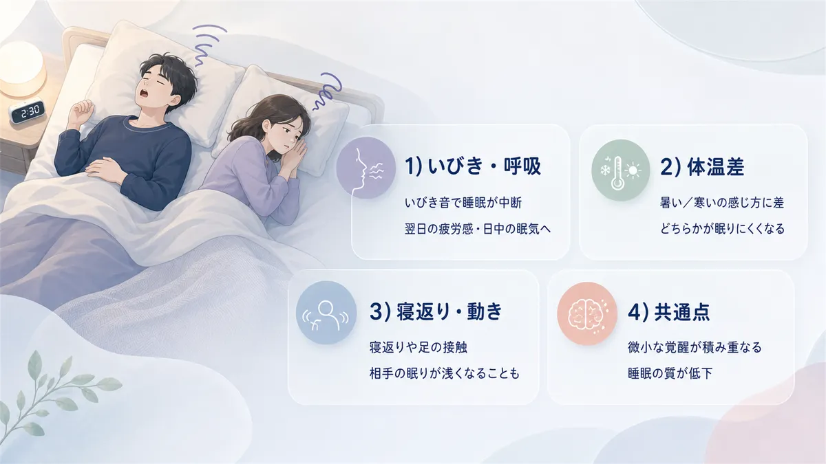 いびき、体温差、寝返りによる中途覚醒など、一緒に寝ることがマイナスになるケースを紹介します。