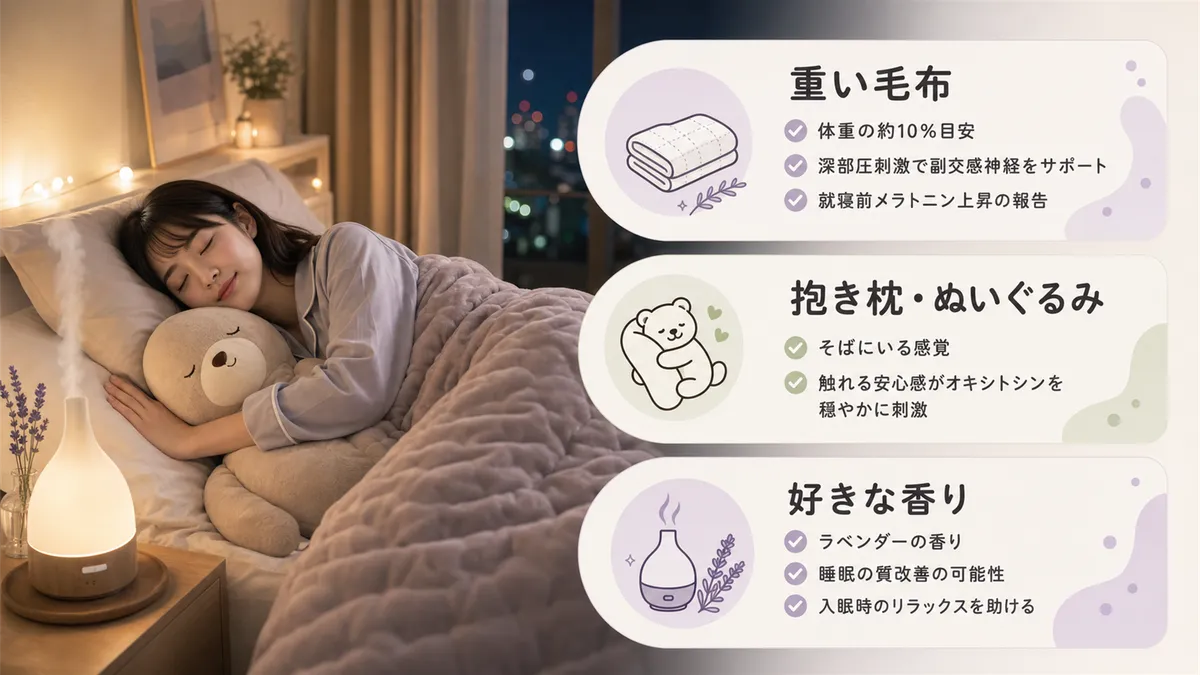 重い毛布や抱き枕、好きな香りなど、一人でも安心感を得られる寝室環境の工夫を紹介します。
