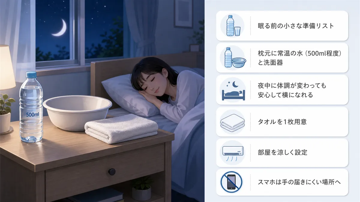 眠る前の小さな準備リストを紹介し、翌朝の不調に備える方法を案内します。