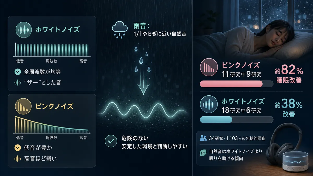 ホワイトノイズとピンクノイズの違いや、睡眠研究での比較データを紹介します。