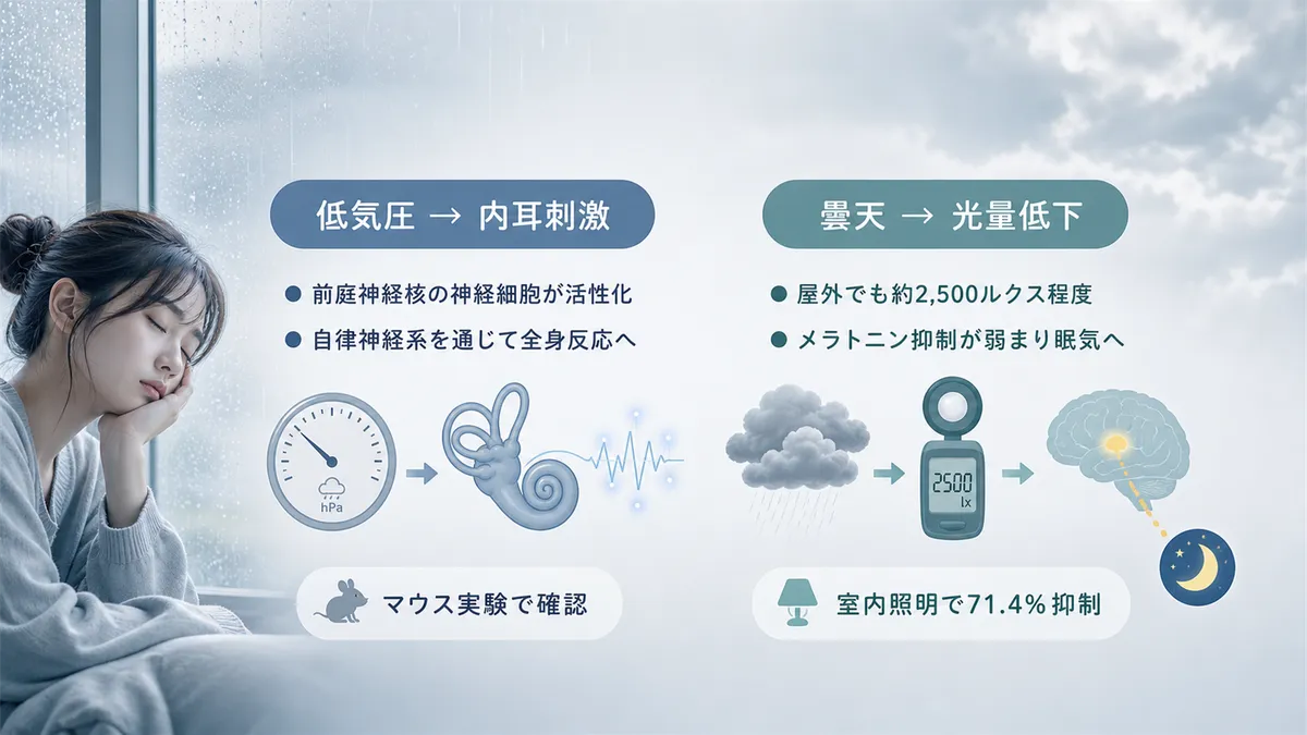 低気圧による内耳への刺激や、曇天の光量低下がメラトニンに影響する仕組みなど、複合的な原因を解説します。
