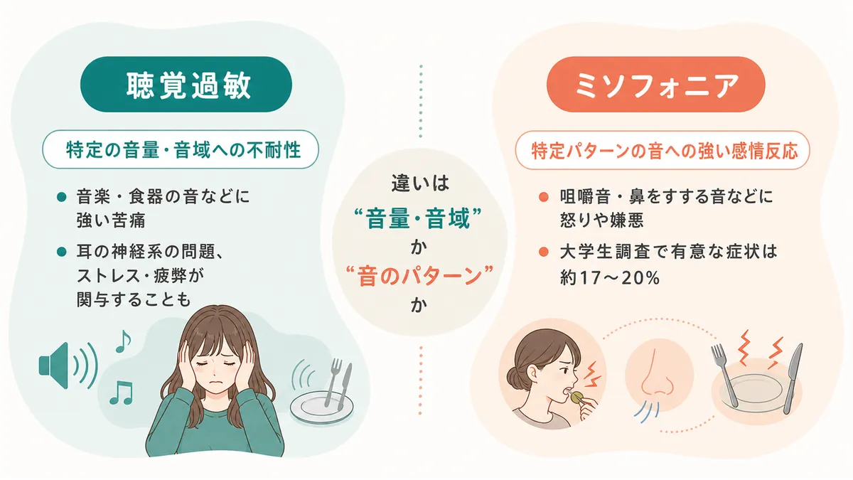 聴覚過敏の特定音量・音域への不耐性と、ミソフォニアの特定パターンへの感情反応の違いを解説します。