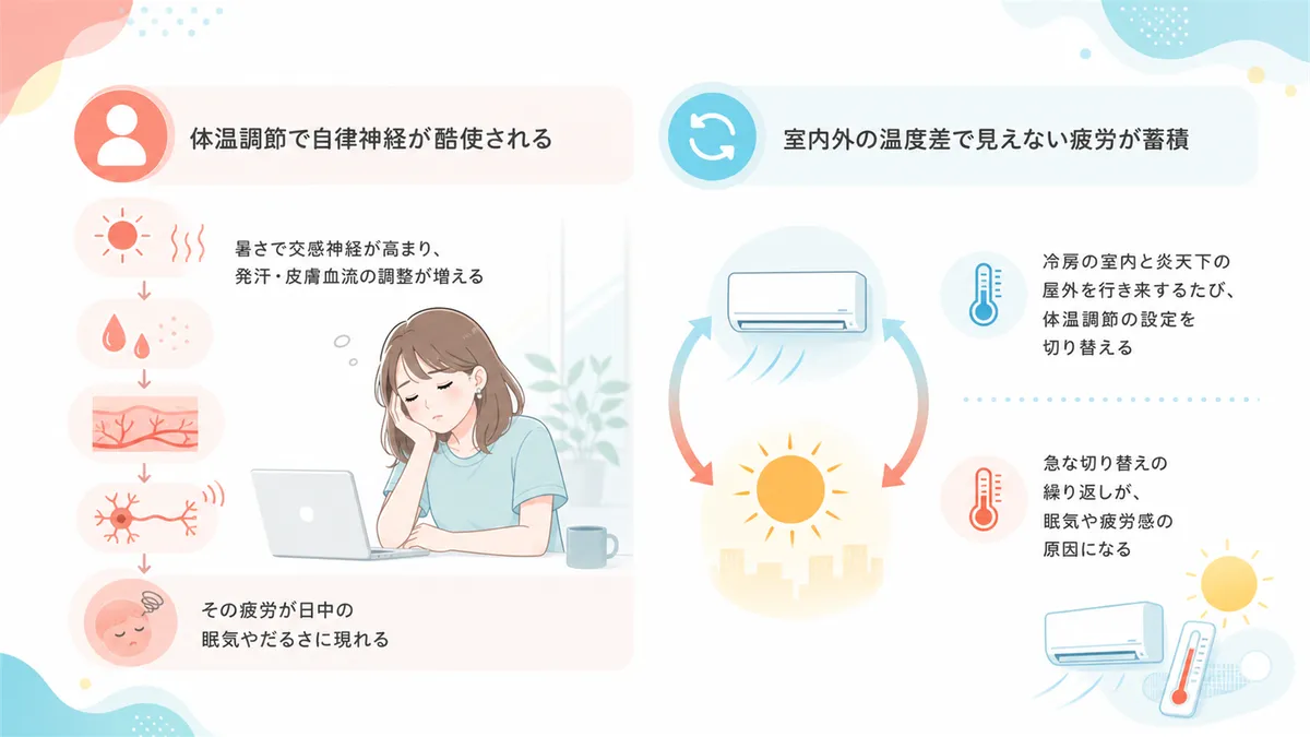 体温調節が自律神経に大きな負担をかけることや、室内外の温度差が「見えない疲労」を蓄積させる仕組みを解説します。