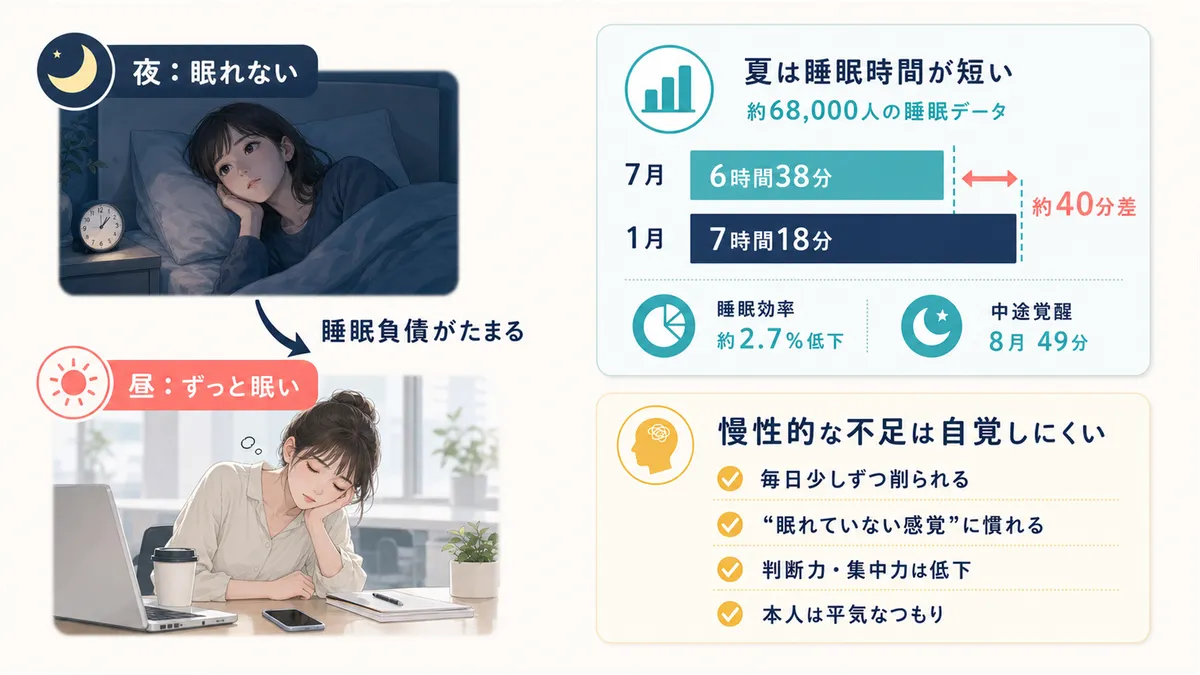 夏は冬より睡眠時間が約40分短くなるデータや、慢性的な睡眠不足が自覚しにくい仕組みを解説します。