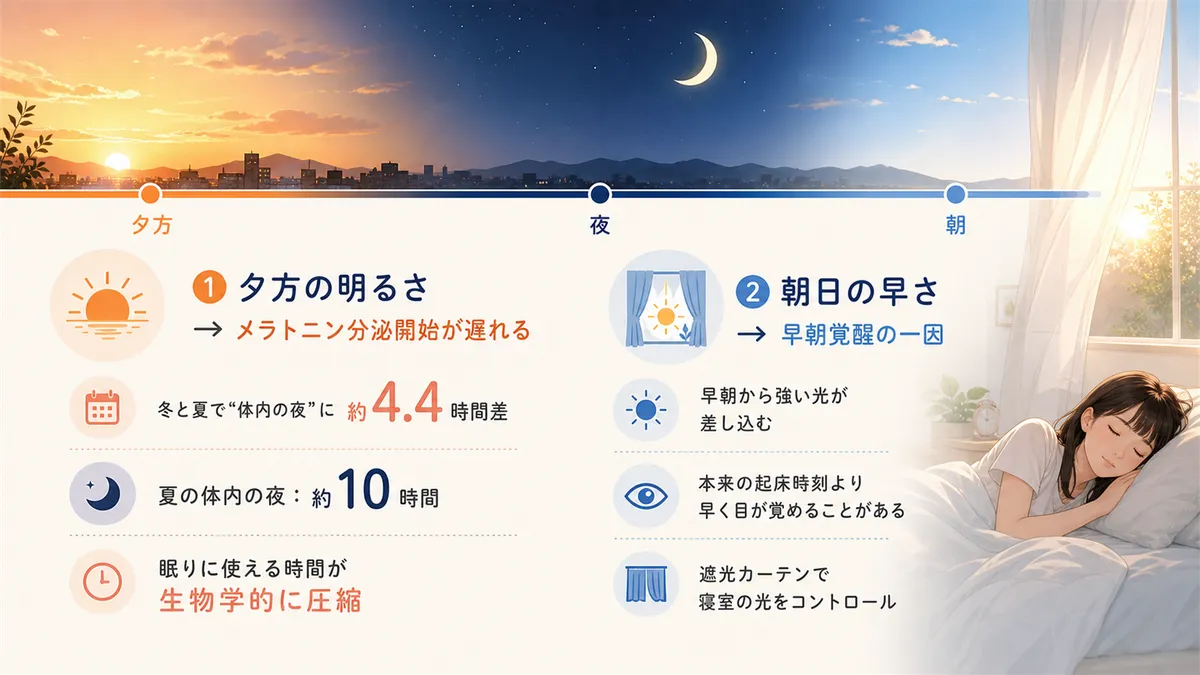 夕方の明るさがメラトニン分泌を遅らせることや、朝日の早さが早朝覚醒の一因になることを紹介します。