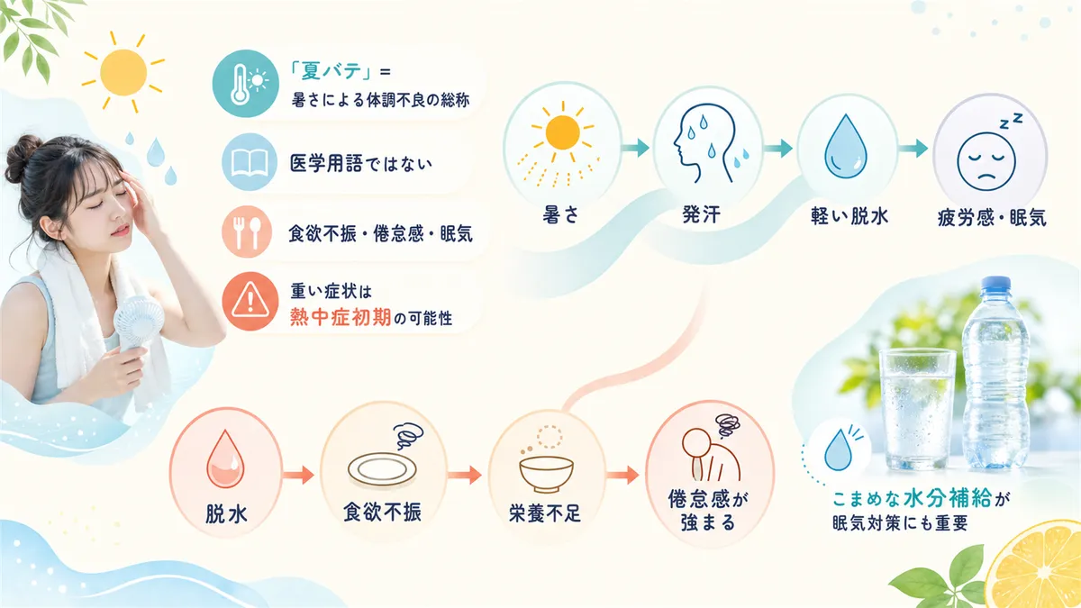 夏バテの正体や、脱水が倦怠感と眠気を生むメカニズムを解説します。