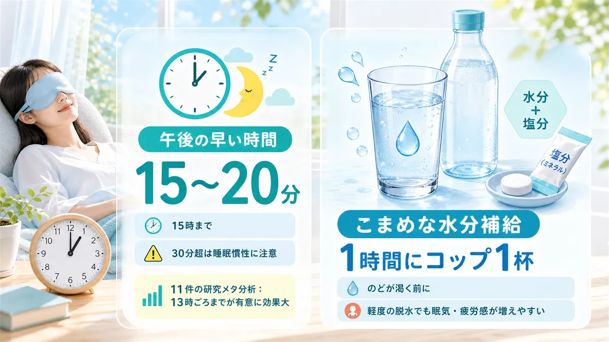午後の短い昼寝やこまめな水分補給で眠気と倦怠感を和らげる方法を紹介します。