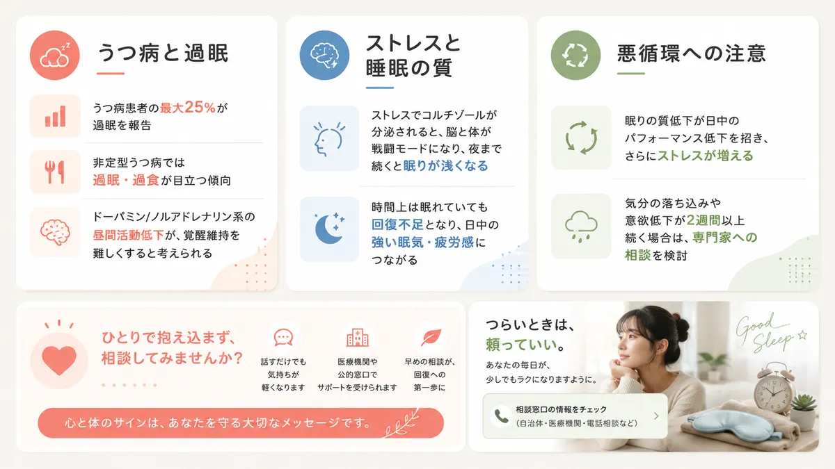 うつ病の一症状としての過眠や、ストレスによる睡眠の質低下から日中の過眠に至る流れを解説します。