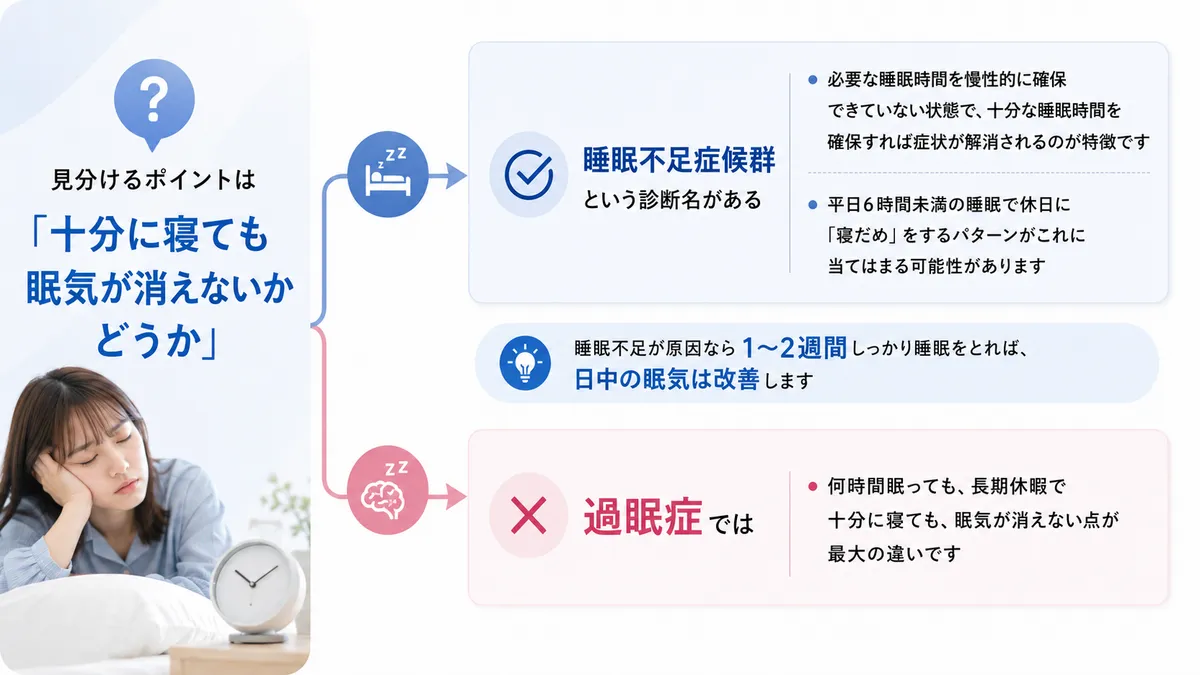 睡眠不足症候群という診断名の紹介と、十分に寝ても眠気が消えないかどうかが見分けのポイントであることを解説します。
