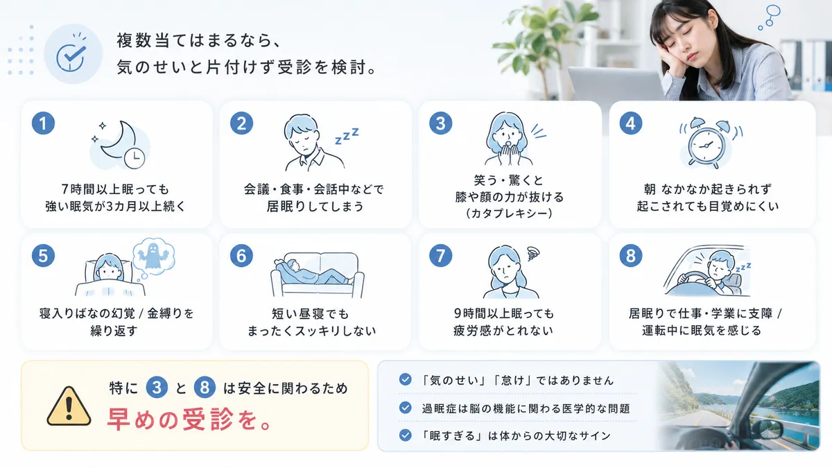 受診を検討すべき8つのサインを紹介し、「気のせい」と片付けないことの大切さを伝えます。