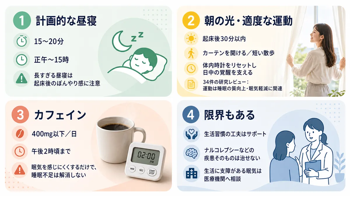 計画的な昼寝、朝の光と運動、カフェインの適切な利用法を紹介しつつ、改善策には限界があることも伝えます。