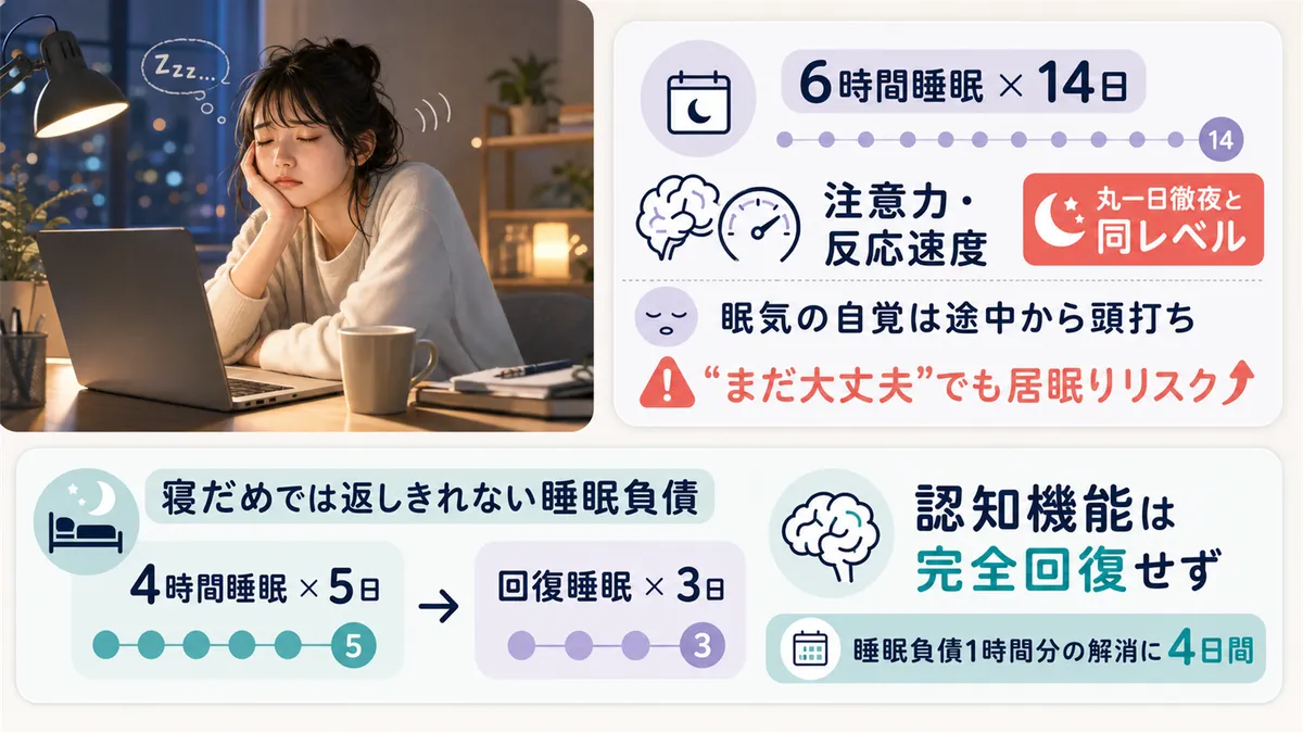 6時間睡眠を2週間続けたときに脳で起きることや、「寝だめ」では返しきれない睡眠負債の仕組みを紹介します。