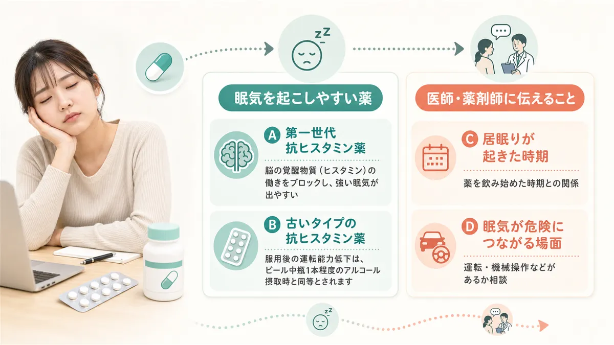 眠気を起こしやすい薬の種類や、医師・薬剤師に伝えるべきポイントを紹介します。